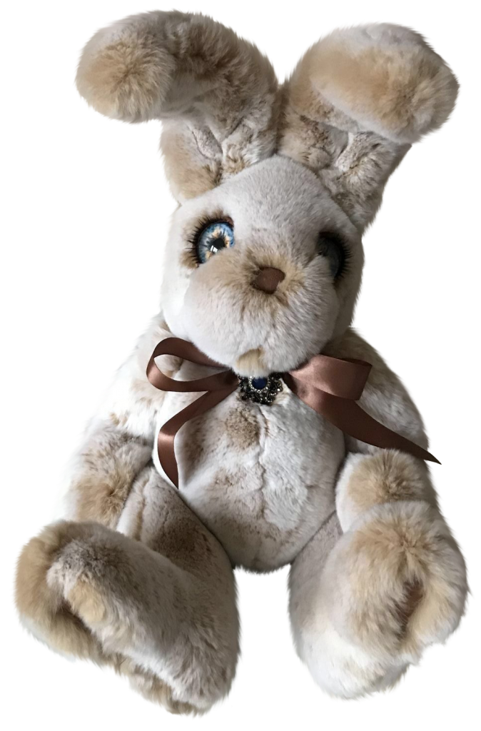 На фото большая игрушка зайка из бежевого меха кролика рекс Франц от Holich Toys