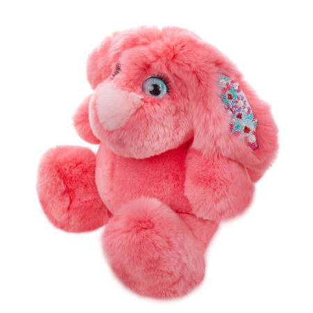 Фото №2 розовая игрушка зайка с вышитыми ушами из натурального меха 