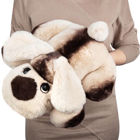 Картинка мягкая игрушка собака большая из натурального меха кролика рекс барон капучино с корицей Holich Toys в разных ракурса