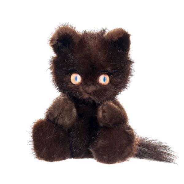 На фото мягкая игрушка котенок из натурального меха норки любомур коричневый с карими глазами Holich Toys в разных ракурса