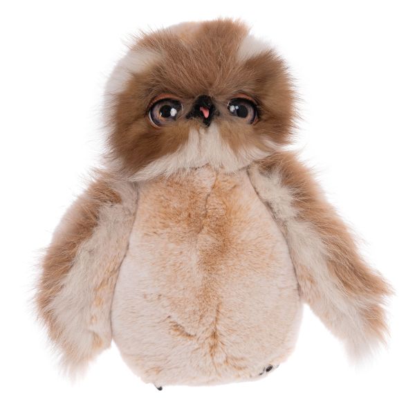 На фото мягкая игрушка сова из натурального меха бежевая Holich Toys в разных ракурса