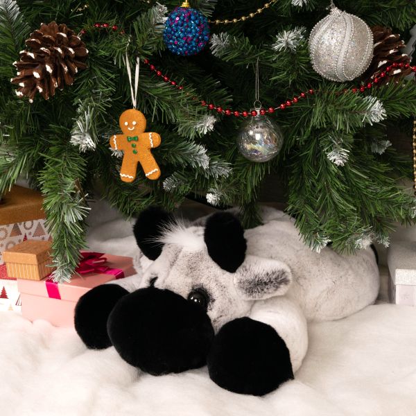 Фото мягкая игрушка большая корова из натурального меха кролика рекс серая Holich Toys в разных ракурса