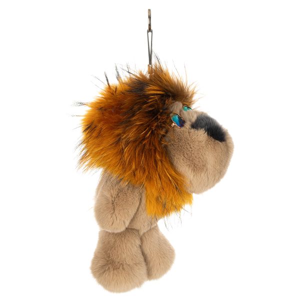 На фото мягкая игрушка брелок лев из натурального меха кролика рекс и песца Holich Toys в разных ракурса