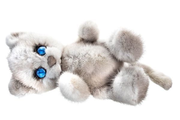 На фото мягкая игрушка котенок из натурального меха норки любомур серый Holich Toys в разных ракурса
