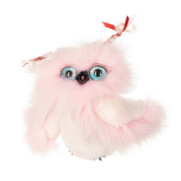 На фото мягкая игрушка сова из натурального меха норки и песца розовый Holich Toys в разных ракурса