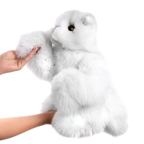 На фото огромная мягкая игрушка кот из натурального меха песца белый пушок Holich Toys в разных ракурса