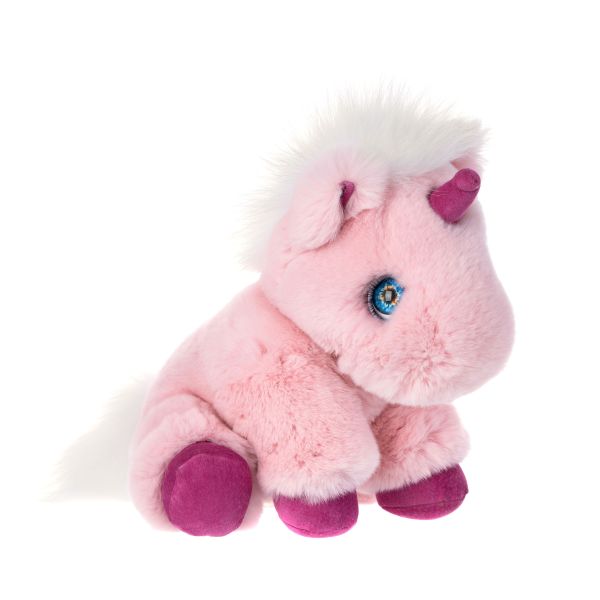 Фото мягкая игрушка единорог из натурального меха нежно розовый с белой гривой Holich Toys в разных ракурса