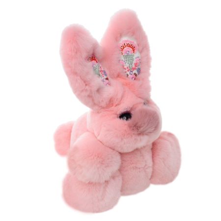 Фото №2 розовый заяц игрушка с вышитыми ушами из натурального меха 