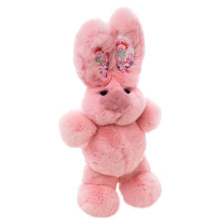 Фото №2 розовый заяц игрушка с вышитыми ушами из натурального меха 